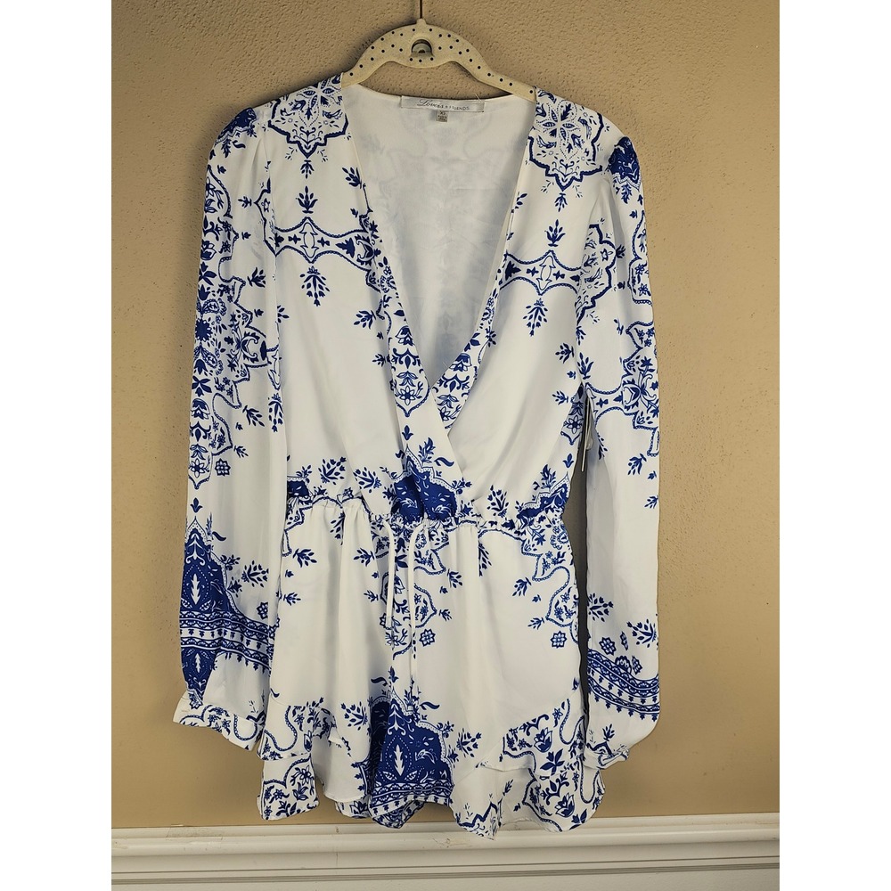 NWT Lovers + Friends Blue White Temple Scarf Print Blossom Short Romper XS